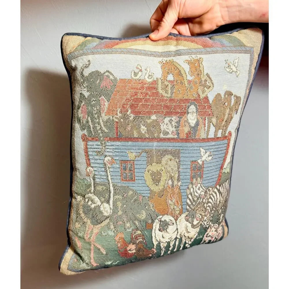 Vintage Noah's Ark Tapestry Pillow | Woven Animal Cushion, Folk Art Decor